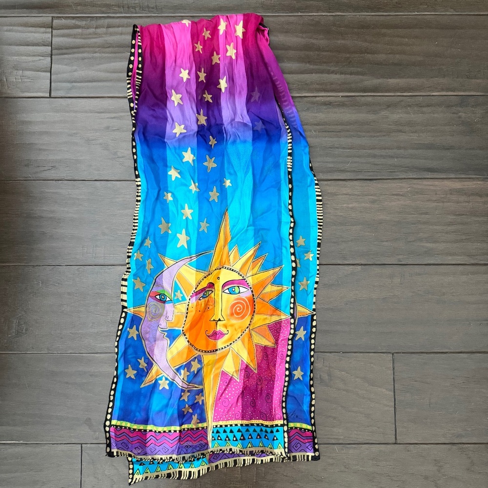 Laurel Burch Multicolor Sun Moon Astrological Multicolor Silk Scarf GUC